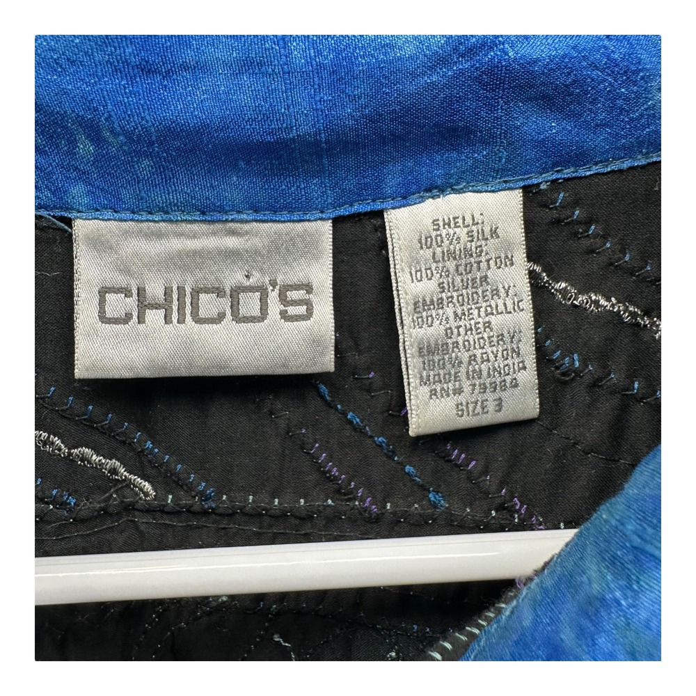 Chico's 3 100% Silk Blue Patchwork Button Jacket … - image 3
